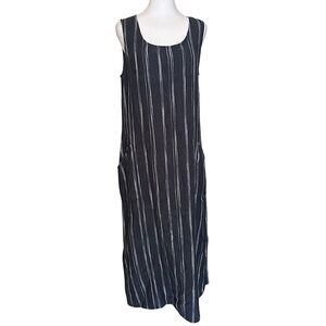 Garnet Hill Women’s 100% Linen Sleeveless Maxi Dress Gray Striped Overalls Sz 10